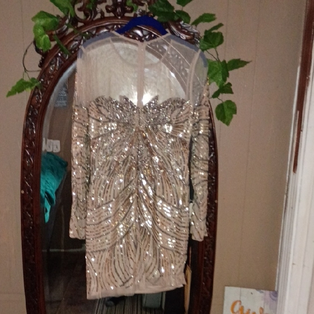 Aidan by Aidan Mattox Glittering Mini Dress in Gold and Silver - Picture 3 of 6